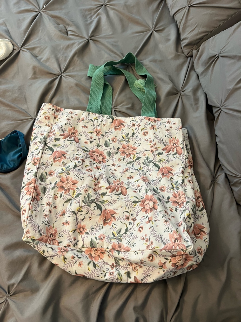 Floral Canvas Tote Bag with Green Handles